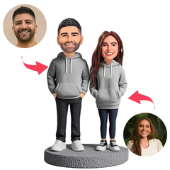 Couple Wearing Grey Couple Hoodies Custom Bobbleheads