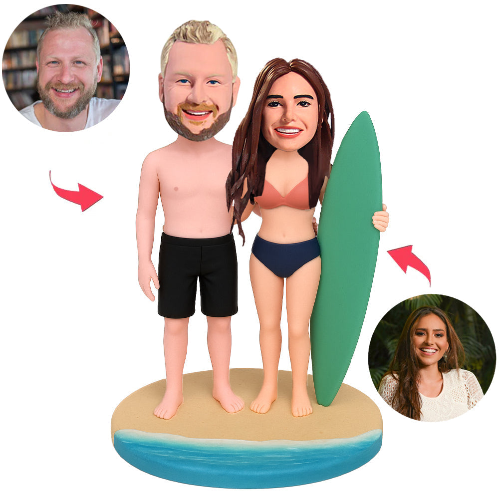 Couple Holding Green Surfboard Custom Bobbleheads
