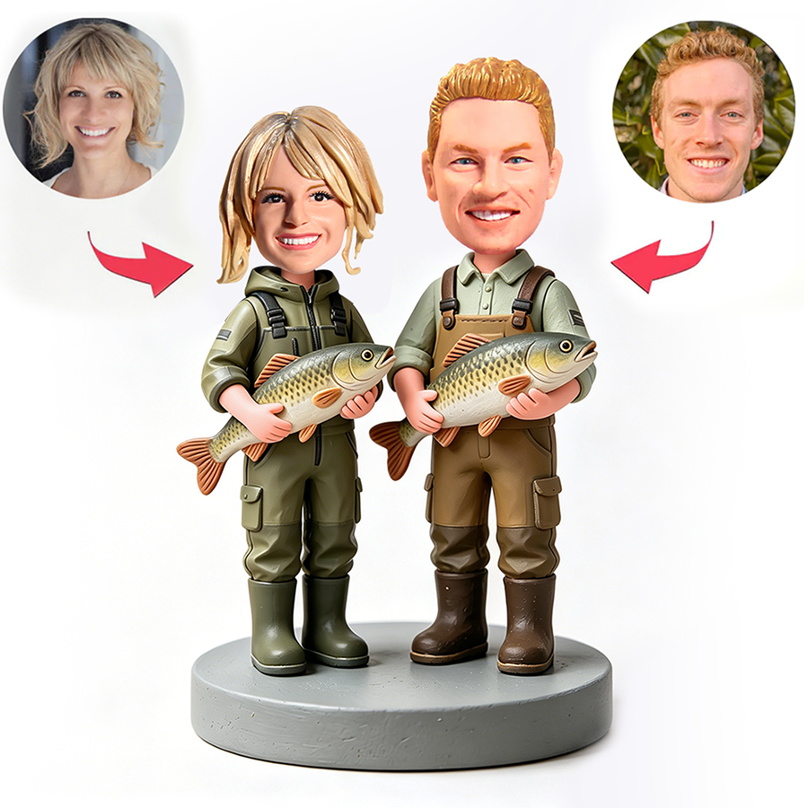 Fishing Couple Showing Off Their Big Catch Custom Bobbleheads