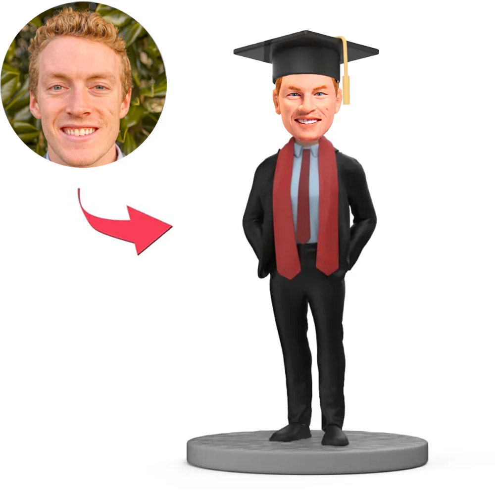 Male Graduate in Suit with Red Graduation Stole Custom Bobbleheads