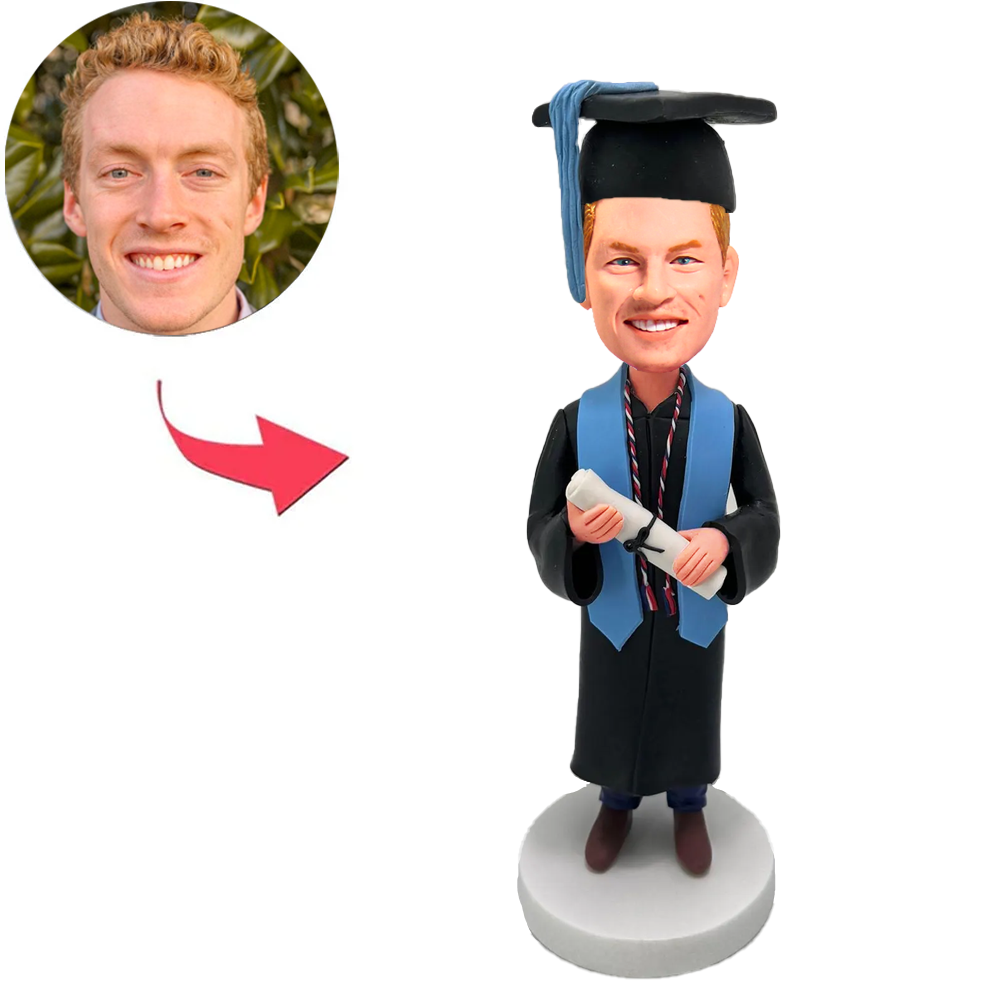 Handsome Male Graduate with Blue Graduation Stole Custom Bobbleheads