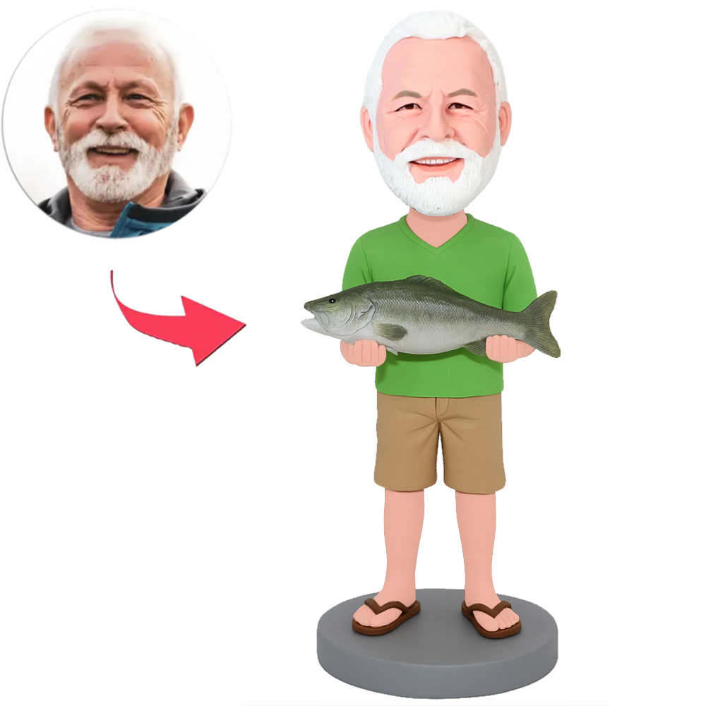 Man in Green Shirt Holding Big Fish Custom Bobbleheads