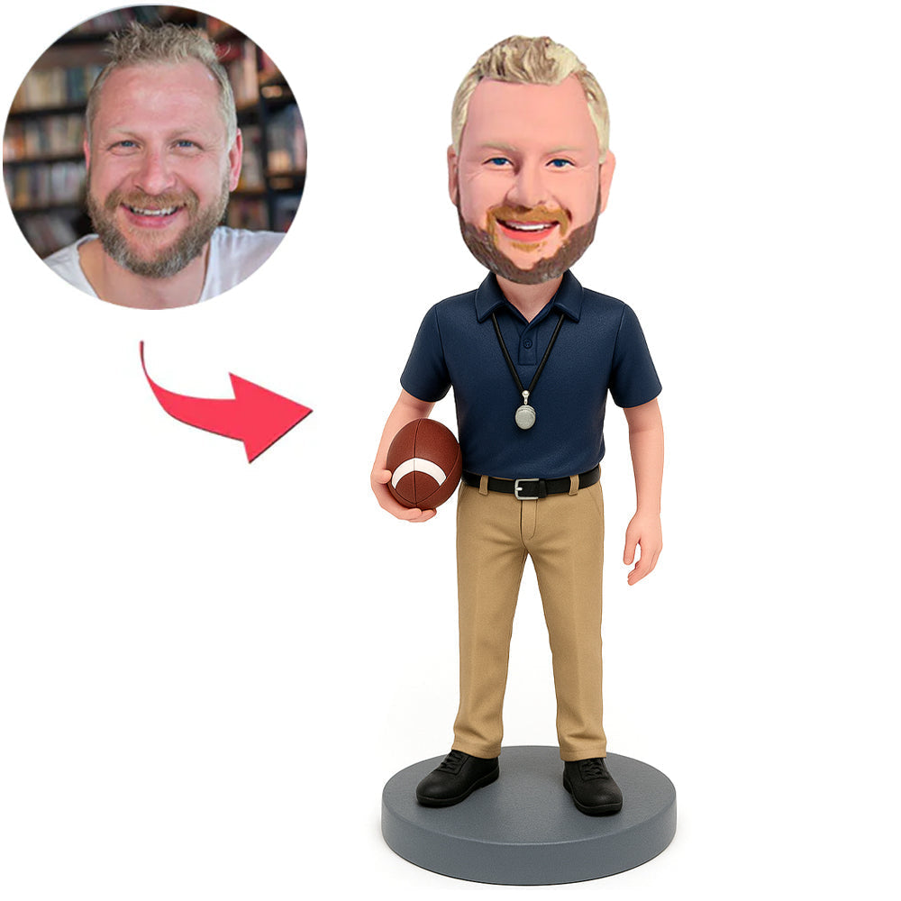 Rugby Coach in Dark Blue Shirt Custom Bobbleheads