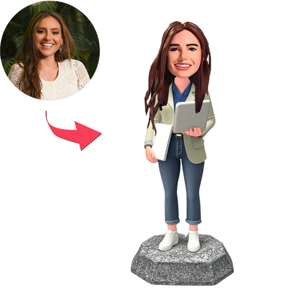 Female Programmer Holding Tablet and Laptop Custom Bobbleheads