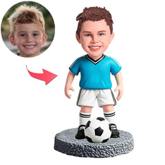 Child Soccer Player in Blue Shirt Custom Bobbleheads