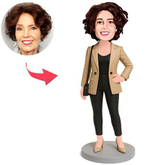 Fashionable Woman in Khaki Trench Coat Custom Bobbleheads
