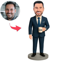 Boss in Dark Blue Suit Holding Cup Custom Bobbleheads