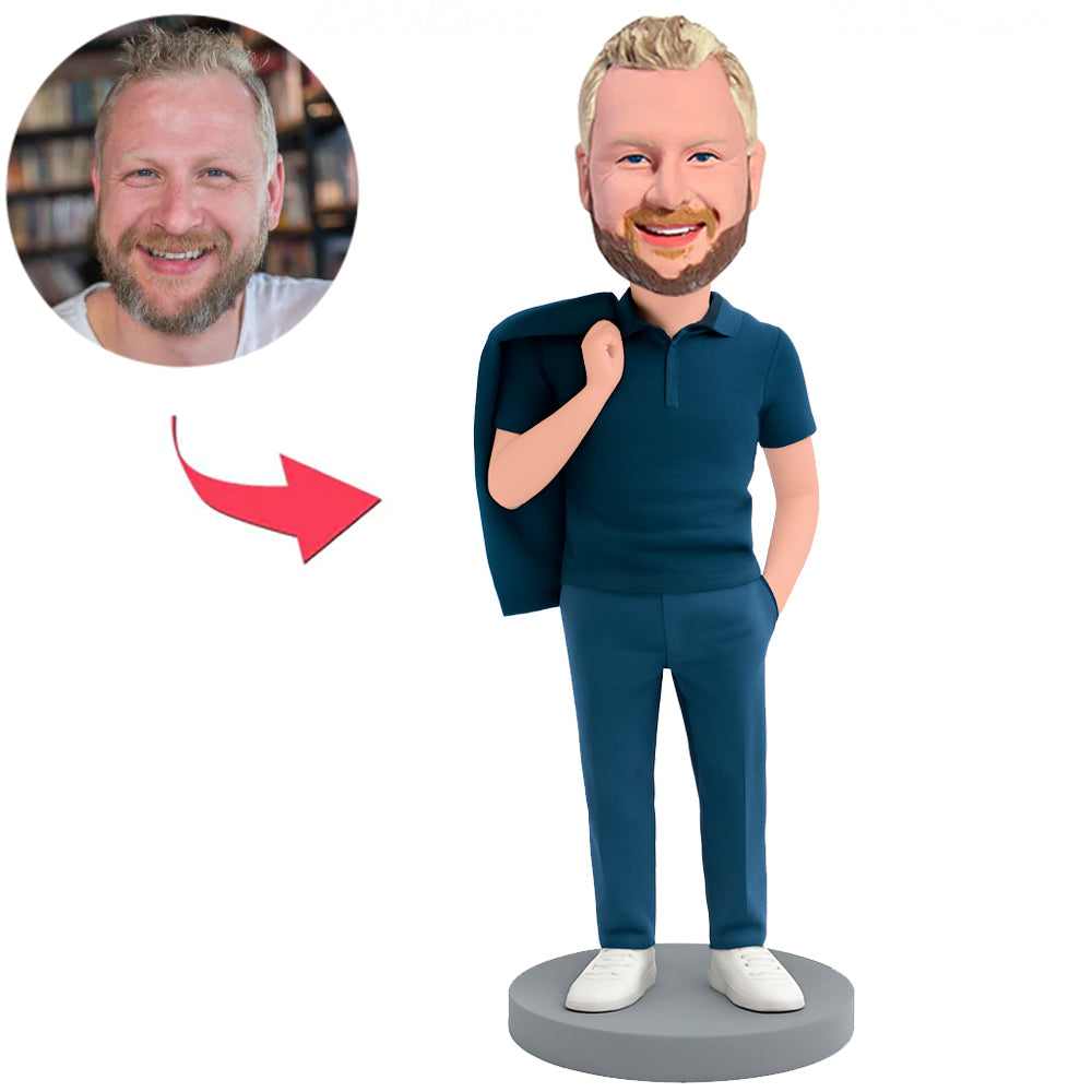 Businessman Holding Blue Coat Custom Bobbleheads