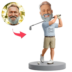 Male Golf Dad Swinging Golf Club on Green Base Custom Bobbleheads