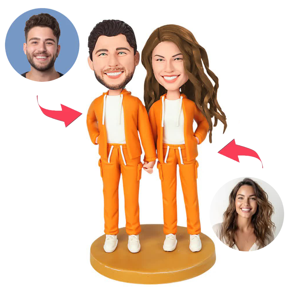 Couple Wearing Orange Hoodies Custom Bobbleheads