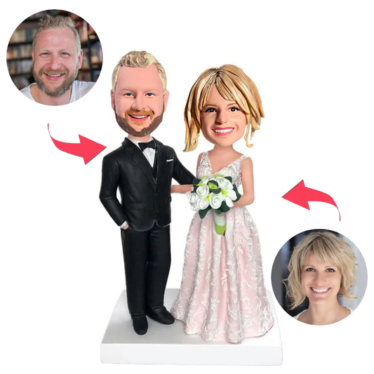 Couple in Black Suits and Wedding Dresses Custom Bobbleheads