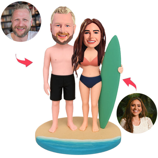 Couple Holding Green Surfboard Custom Bobbleheads