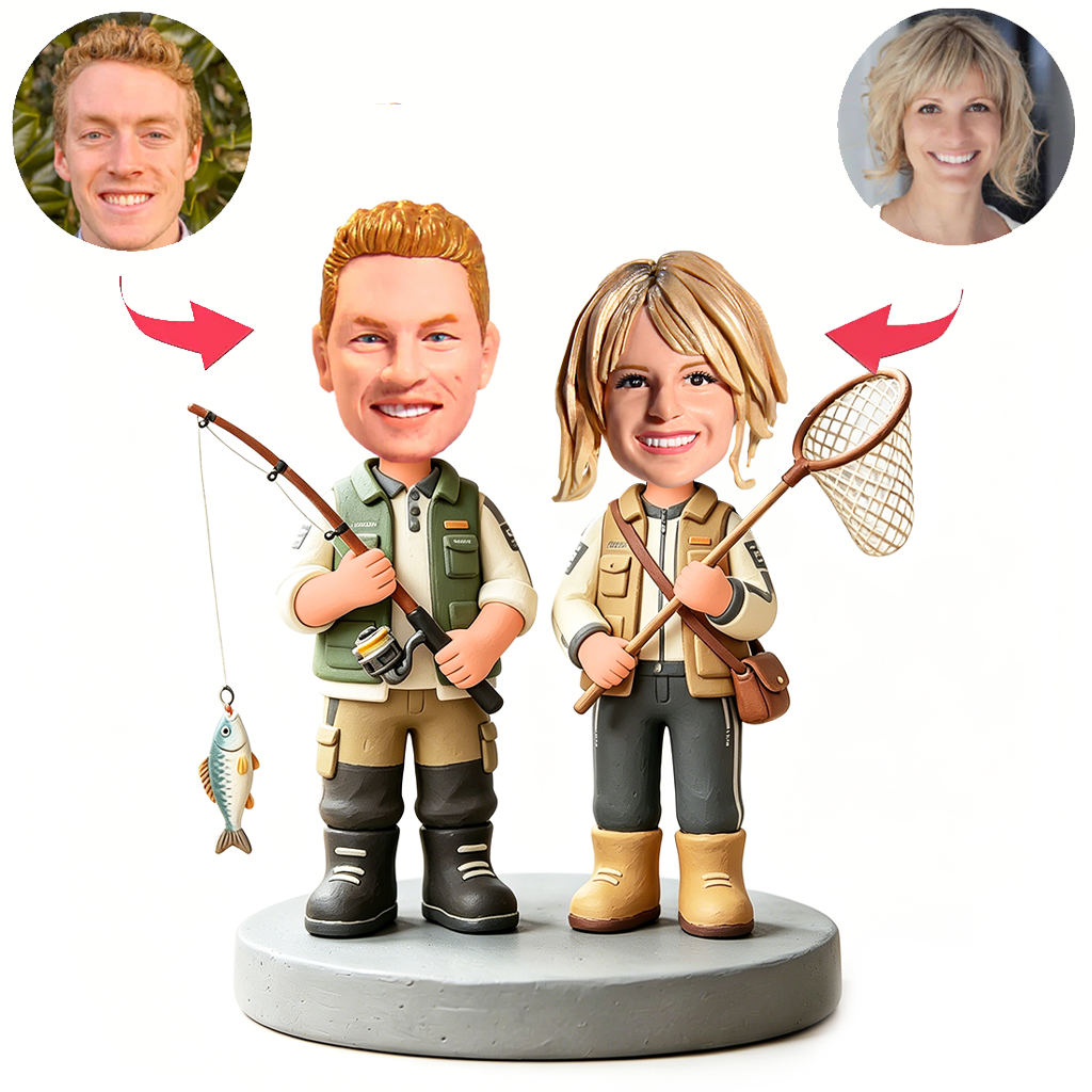 Fishing Couple Standing with Fishing Poles Custom Bobbleheads