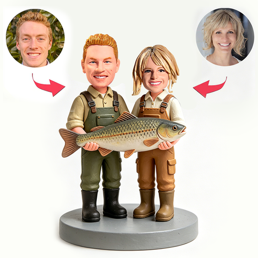 Fishing Couple Holding a Giant Fish Custom Bobbleheads