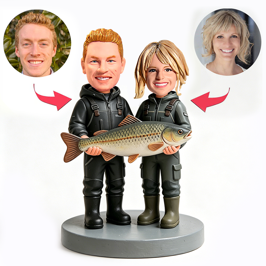 Fishing Couple Holding a Large Catch Custom Bobbleheads