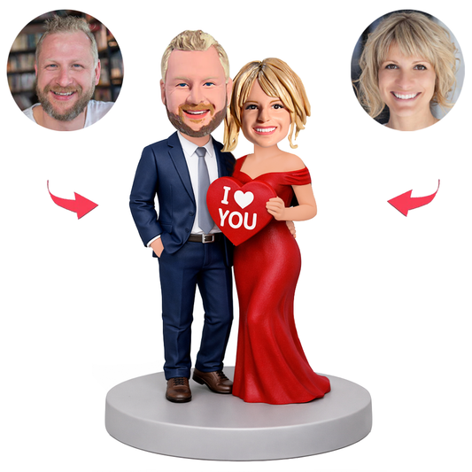 Couple Holding Red Hearts With Messages Of Love Custom Bobbleheads
