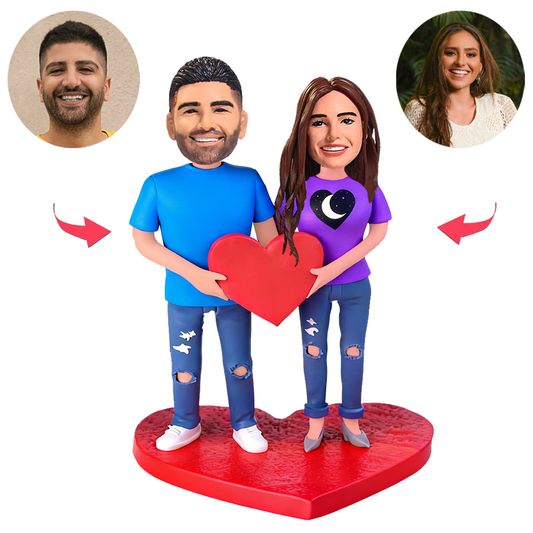 Casually Dressed Couple Holding Hearts Custom Bobbleheads