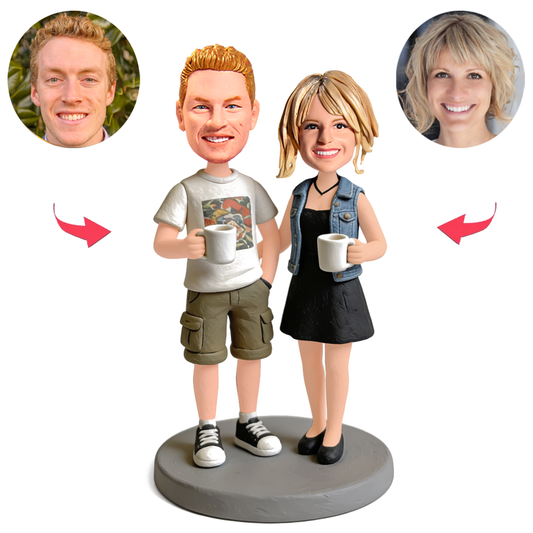 Amiable Couple Holding Coffee Cups Custom Bobbleheads
