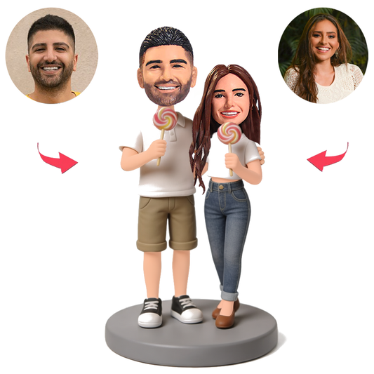 A Relaxed Couple Holding Lollipops Custom Bobbleheads