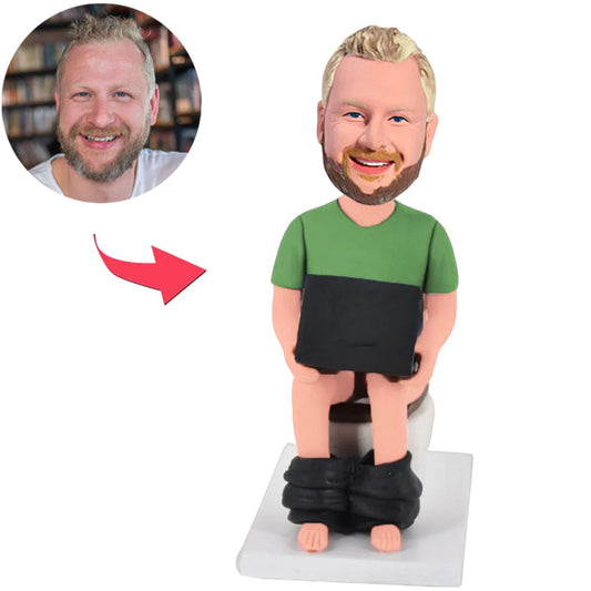 Man Sitting on Toilet Playing Computer Custom Bobbleheads