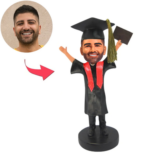 Happy Graduation Boy Hands Raised with Diploma Custom Bobbleheads