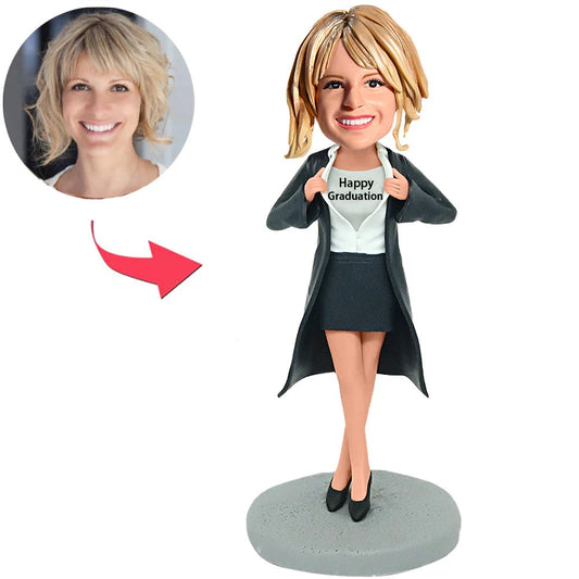 Happy Graduation Fashion Woman in Trench Coat Custom Bobbleheads