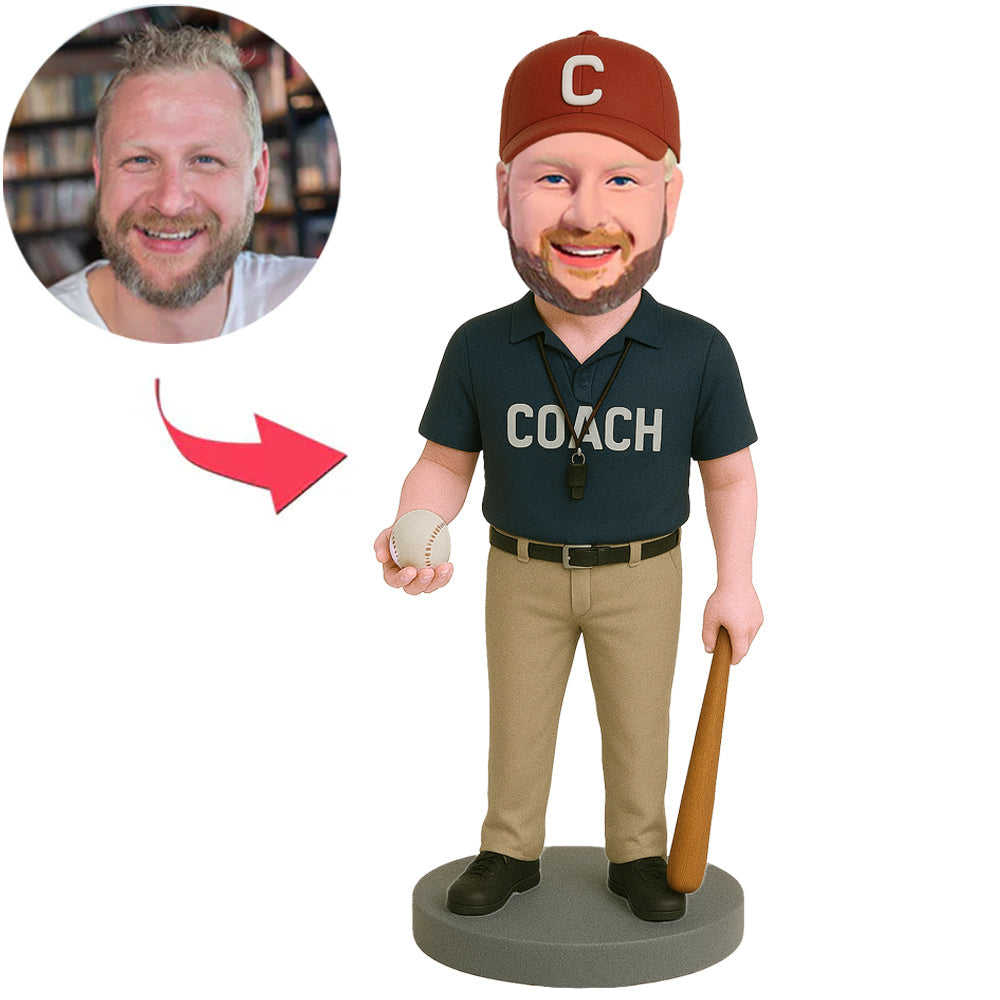 Baseball Coach in Black Shirt Custom Bobbleheads