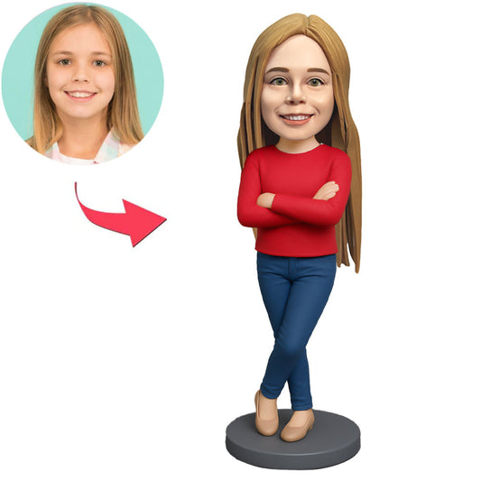 Girl in Red Casual Shirt Custom Bobbleheads