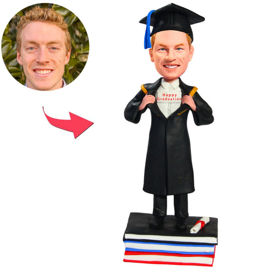 Happy Graduation Boy with Diploma Custom Bobbleheads with Graduation Hat
