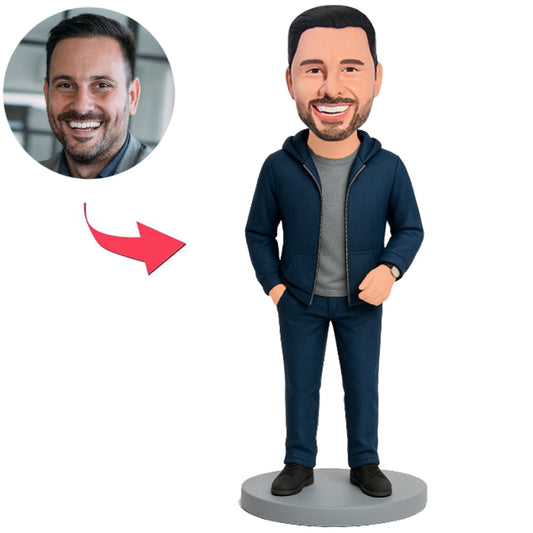 Man Wearing Dark Blue Zipper Sweatshirt Custom Bobbleheads