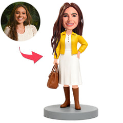 Woman in White Dress And Yellow Coat Custom Bobbleheads