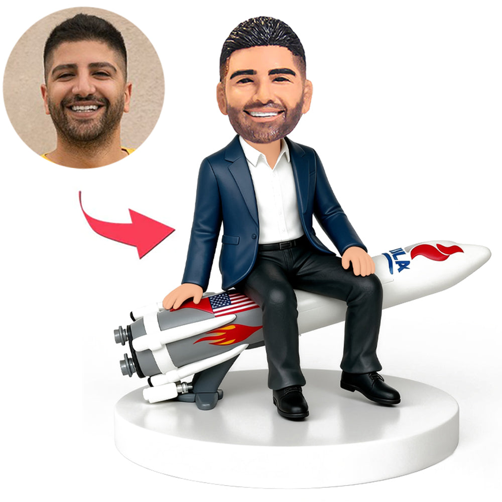 Business Man Sitting on Rocket Custom Bobbleheads