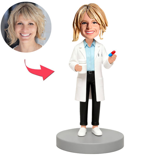 Female Doctor Pharmacist Holding Medicine Bottle Custom Bobbleheads