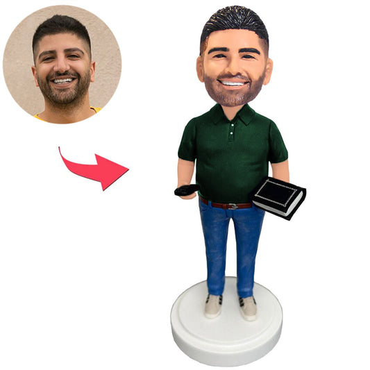 Teacher Holding Book And Blackboard Eraser Custom Bobbleheads