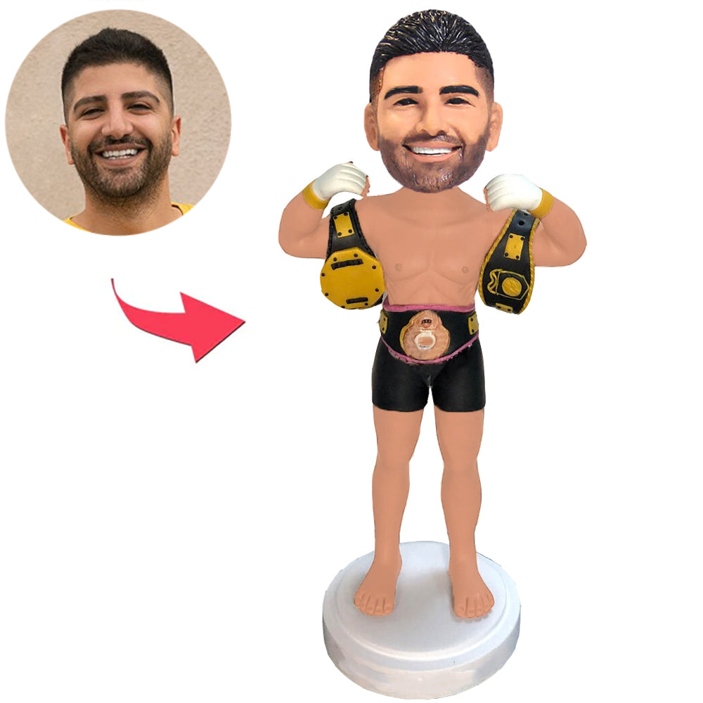 Boxer with Championship Belts on Shoulders Custom Bobbleheads