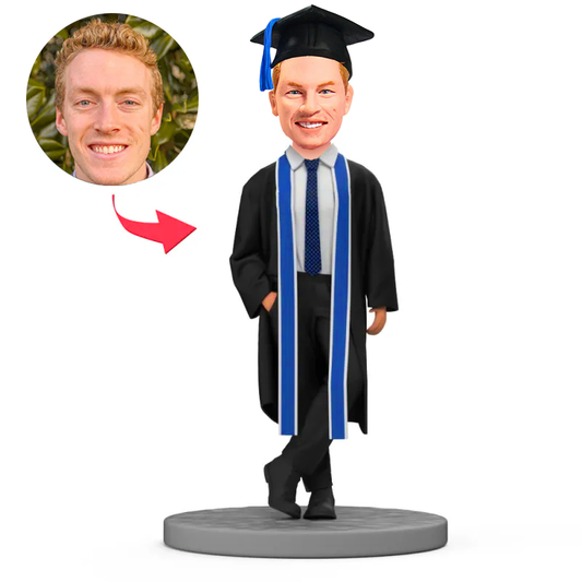 Custom Bobbleheads Graduation Gifts Male with Blue Ribbon