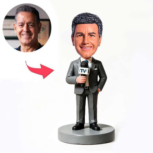 Male TV Announcer Holding Microphone Custom Bobbleheads