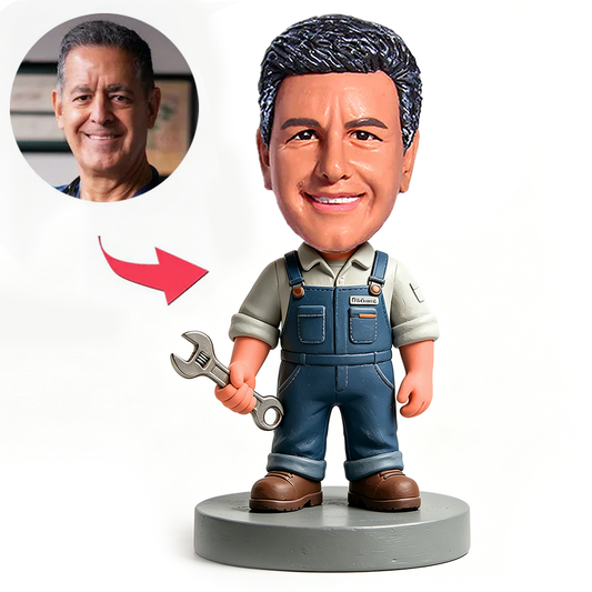 Male Mechanic in Blue Coveralls with Wrench in Hand Custom Bobbleheads