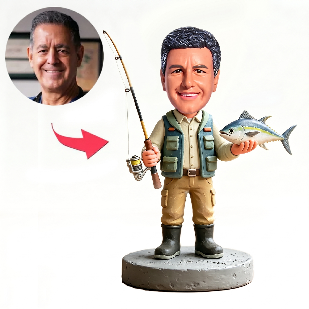 Male Fisherman Holding Fishing Rod Custom Bobbleheads