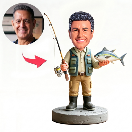 Male Fisherman Holding Fishing Rod Custom Bobbleheads