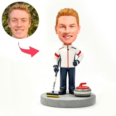 Male Curler Sweeping with Broom Custom Bobbleheads