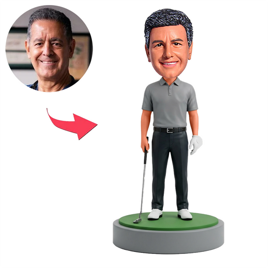 Male Golfer Standing with Club on Green Base Custom Bobbleheads