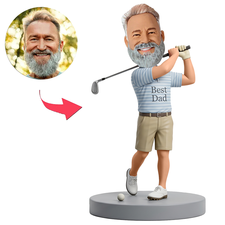 Male Golf Dad Swinging Golf Club on Green Base Custom Bobbleheads