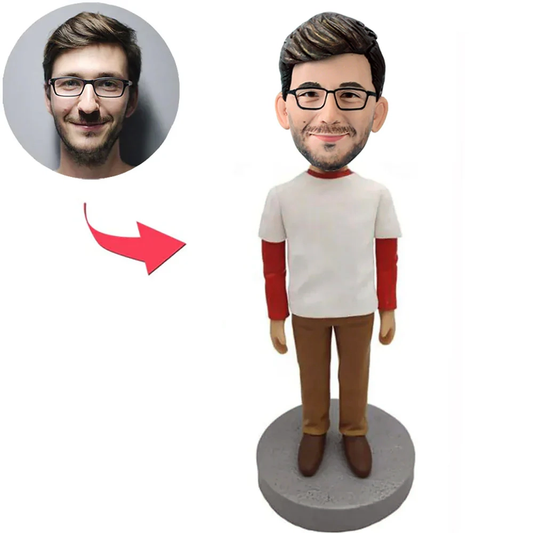 Happy Casual Man with White Clothes Custom Bobblehead
