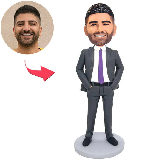 Business Grey Suit Man Hands in Pockets Custom Bobbleheads